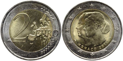 Монако 2 евро 2011 свадьба князя Монако Альберта II и Шарлин Уиттсток KM 196 биметалл UNC 115-1241