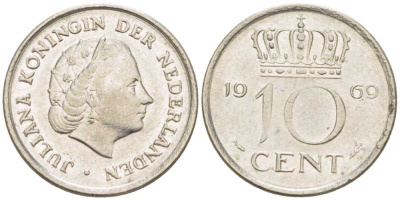 Нидерланды 10 центов 1969 Юлиана (1948-1980) KM 182 никель 214-1239