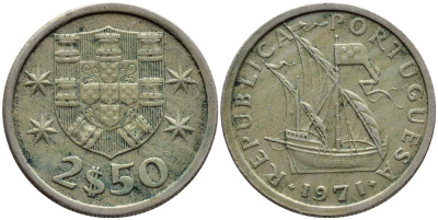 ПОРТУГАЛИЯ 2,5 ЭСКУДО 1971 ПАРУСНИК KM 590 медно-никель 4396-143