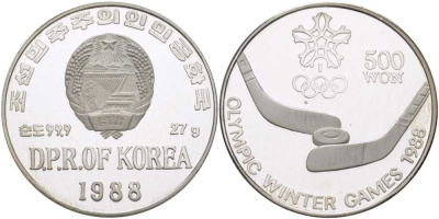КНДР (Северная Корея) 500 вонов 1988 Зимние Олимпийские игры 1988 года в Калагари, хоккей на льду, две клюшки и шайба KM 16 серебро  PROOF  02-108-45