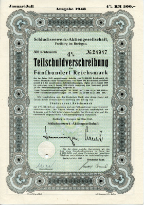 Германия 500 рейхсмарок 1943 АО Schluchseewerk (оператор 5 ГЭС), Фрайбург-им-Брайсгау, 4% -ное частичное обязательство   бумага 8804-102-1