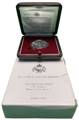 Сан-Марино набор 5 евро + 10 евро 2007 поэт Джозуэ Кардуччи и дирижер Артуро Тосканини, в оригинальной коробке, с сертификатом KM 474, 475 серебро PROOF 1-4-4-02