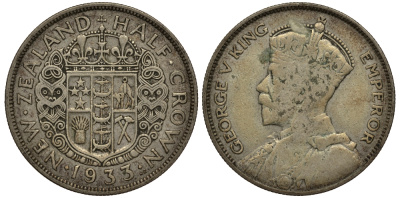 Новая Зеландия 1/2 кроны 1933 Георг V (1910-1936) KM 5 серебро 272-513