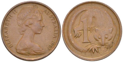 Австралия 1 цент 1967 Елизавета II (1953-), молодой портрет, опоссум KM 62 бронза 100-722