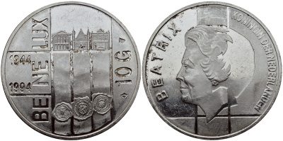 Нидерланды 10 гульденов 1994 50 лет Бе-Ни-Люкс, три здания парламентов KM 216 серебро 1524-915