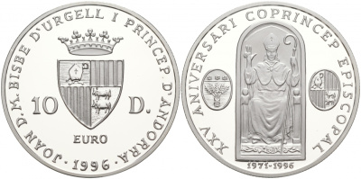 Андорра 10 динеров 1996 25 лет соправления  Жоана Марти-и-Аланиса, ECU KM 125 серебро PROOF 02-037-15