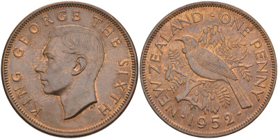 Новая Зеландия 1 пенни 1952 Георг VI (1936-1952), новозеландский туи KM 21 бронза 4368-223
