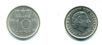 НИДЕРЛАНДЫ 10 ЦЕНТОВ 1954 ЮЛИАНА KM 182 никель 76-326
