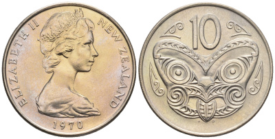 Новая Зеландия 10 центов 1970 Елизавета II (1952-2022), маска маори KM 41.1 медно-никель  UNC  4182-1123