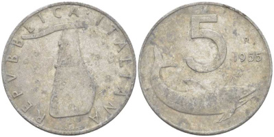 ИТАЛИЯ 5 ЛИР 1955 R, РУЛЬ, ДЕЛЬФИН KM 92 алюминий 175-125