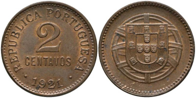 ПОРТУГАЛИЯ 2 СЕНТАВО 1921 РЕСПУБЛИКА КМ 568 бронза 413-2815