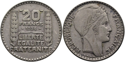 Франция 20 франков 1934 Пьер Тюрен KM 879, Le Franc 400.4 серебро 441-1633
