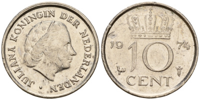 Нидерланды 10 центов 1974 Юлиана (1949-1980) KM 182 никель    4598-319