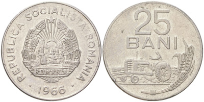 Румыния 25 бань (бани) 1966 трактор KM 94 сталь плакированная никеоем aUNC 4613-837