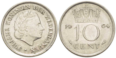 НИДЕРЛАНДЫ 10 ЦЕНТОВ 1964 ЮЛИАНА (1948-1980) KM 182 никель 214-1213