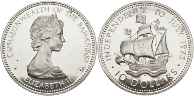 БАГАМСКИЕ ОСТРОВА 10 ДОЛЛАРОВ 1973 10 ИЮЛЯ ДЕНЬ НЕЗАВИСИМОСТИ, ПАРУСНИК САНТА-МАРИЯ, ВЕС 49,75 ГР., ТИРАЖ 63000 ЭКЗ. KM 42 серебро PROOF 02-009-14