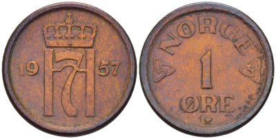 НОРВЕГИЯ 1 ЭРЕ 1957 ХОКОН VII (1905-1957) KM 398 бронза 66-369