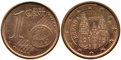 ИСПАНИЯ 1 ЕВРОЦЕНТ 2003 KM 1040 сталь плакированная медью 179-666