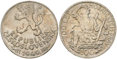 Чехословакия 100 крон 1949 700 лет Праву добычи серебра в Йиглаве KM 29 серебро 4111-1136