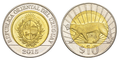 Уругвай 10 песо 2015 KM 134 биметалл UNC 4167-932