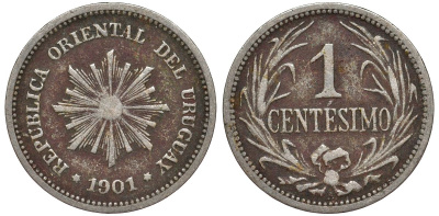 Уругвай 1 сентесимо 1901 KM 19 медно-никель 4169-555