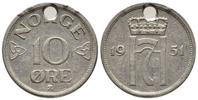 НОРВЕГИЯ 10 ЭРЕ 1951 ХАКОН VII (1905-1957) KM 396 медно-никель 39-1241