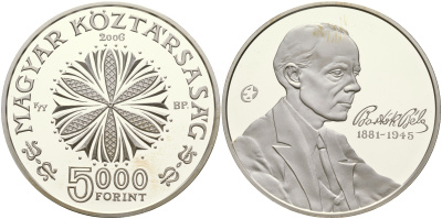 Венгрия 5000 форинтов 2006 125 лет со дня рождения Бела Бартока, композитор KM 791 серебро  PROOF 01-152-21