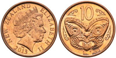 Новая Зеландия 10 центов 2013 маска Маори, Елизавета II (1952-) KM 117а сталь плакированная медью 106-923