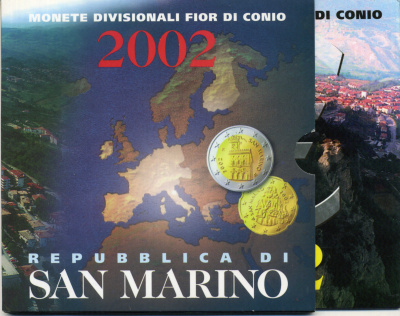 Сан-Марино евронабор из 8 монет (1, 2, 5, 10, 20 и 50 евроцентов; 1 и 2 евро) 2002 первый год выпуска, в оригинальной упаковке KM 440, 441, 442, 443, 444, 445, 446, 447 сталь плакированная медью, нордик и биметалл UNC 7-4-1-51