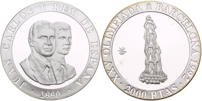 Испания 2000 песет 1990 XXV летние Олимпийские игры 1992 года в Барселоне, гимнастическая пирамида KM 863 серебро PROOF 1088-10-53