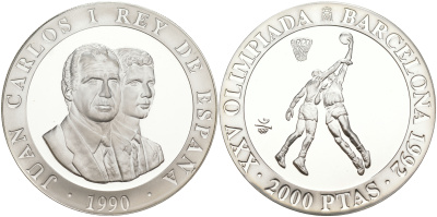 Испания 2000 песет 1990 XXV летние Олимпийские игры 1992 года в Барселоне, баскетбол KM 866 серебро PROOF 1072-8-34