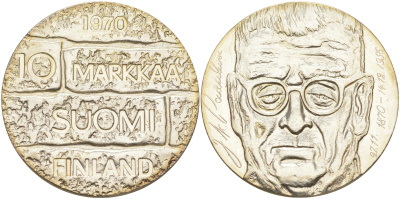 Финляндия 10 марок 1970 S-H, день рождения президента Юхо Паасикиви KM 51 серебро UNC 1074-5-13
