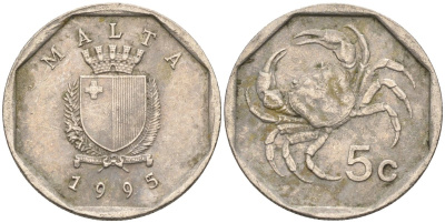 Мальта 5 центов 1993 краб KM 95 медно-никель 4588-134