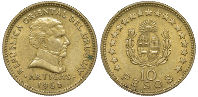 Уругвай 10 песо 1965 KM 48 алюминиевая бронза 4574-933