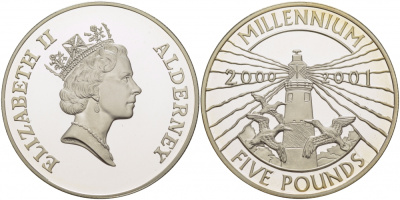 Олдерни 5 фунтов 2000 миллениум KM 26 серебро  PROOF  1078-1-14
