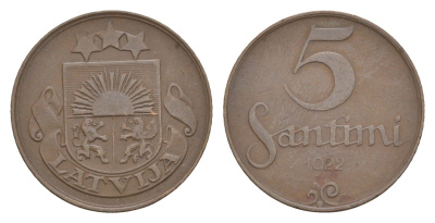 Латвия 5 сантимов 1922 KM 3 бронза 4658-1212