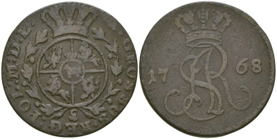 ПОЛЬША 1 ГРОШ 1768 G, SAR МОНОГРАММА KM 177(C38) медь 65-722