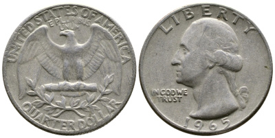 США 25 центов (квотер) 1965 Вашингтон КМ 164а медь плакированная медно-никелем 56-1235