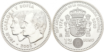 Испания 12 евро 2003 Карлос и София, 25 лет Конституции Испании KM 1051 серебро UNC 1521-1322