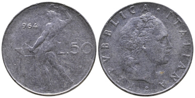ИТАЛИЯ 50 ЛИР 1964 R, КУЗНЕЦ KM 95.1 сталь 3333-831
