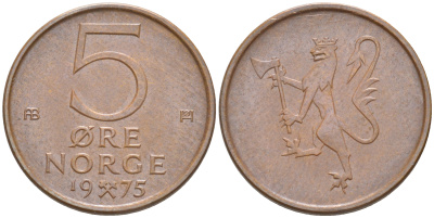 Норвегия 5 эре 1975 Улаф V (1958-1991) KM 415 бронза 187-744