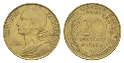 Франция 20 сантимов 1971 тип Morlon KM 930, Le Franc 156.11 алюминиевая бронза 4631-511