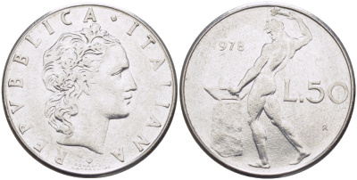ИТАЛИЯ 50 ЛИР 1978 R, КУЗНЕЦ KM 95.1 нержавеющая сталь 89-1352