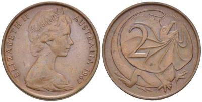АВСТРАЛИЯ 2 ЦЕНТА 1967 ЕЛИЗАВЕТА II (1953-), ЕЛИЗАВЕТА II, МОЛОДОЙ ПОРТРЕТ, ПЛАЩЕНОСНАЯ ЯЩЕРИЦА (FRILLED LIZARD) KM 63 бронза 4519-433