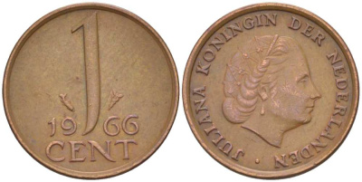 НИДЕРЛАНДЫ 1 ЦЕНТ 1966 КОРОЛЕВА ЮЛИАНА KM 180 бронза 3955-128