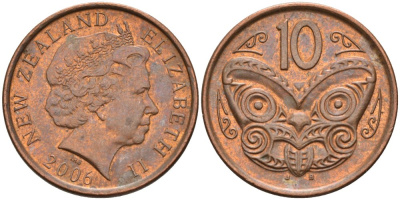 Новая Зеландия 10 центов 2006 Елизавета II (1952-2022), маска маори KM 117а сталь плакированная медью 106-936