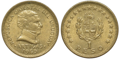 Уругвай 1 песо 1965 KM 46 алюминиевая бронза 24-1155