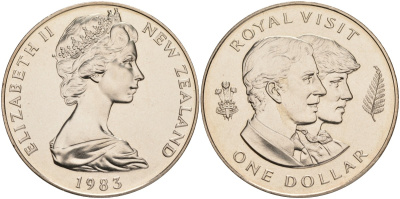 Новая Зеландия 1 доллар 1983 королевский визит, принц Чарльз и леди Диана, Елизавета II (1952-2022) KM 52 медно-никель UNC 00-00
