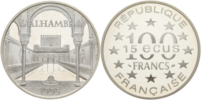 Франция 100 франков - 15 экю 1995 серия архитектурные монументы Европы (Альгамбра, красный замок в Гранаде, Испания), в коробке с сертификатом KM 1112 серебро  PROOF 5-6-1-40
