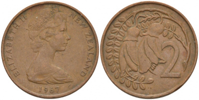 Новая Зеландия 2 цента 1967 Елизавета II (1952-2022), два цветка кохаи KM 32.1 бронза 4544-924